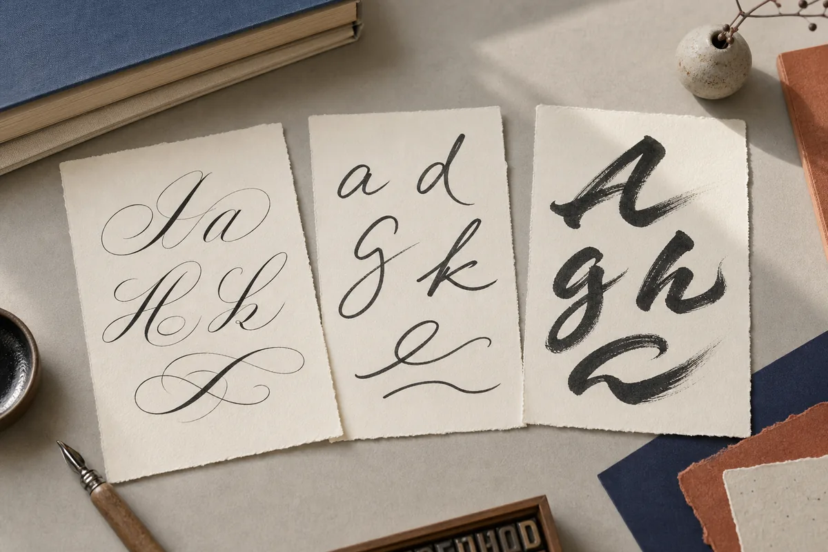 筆記体フォントのフォーマル・手書き・ブラシ系を比較する書体サンプル