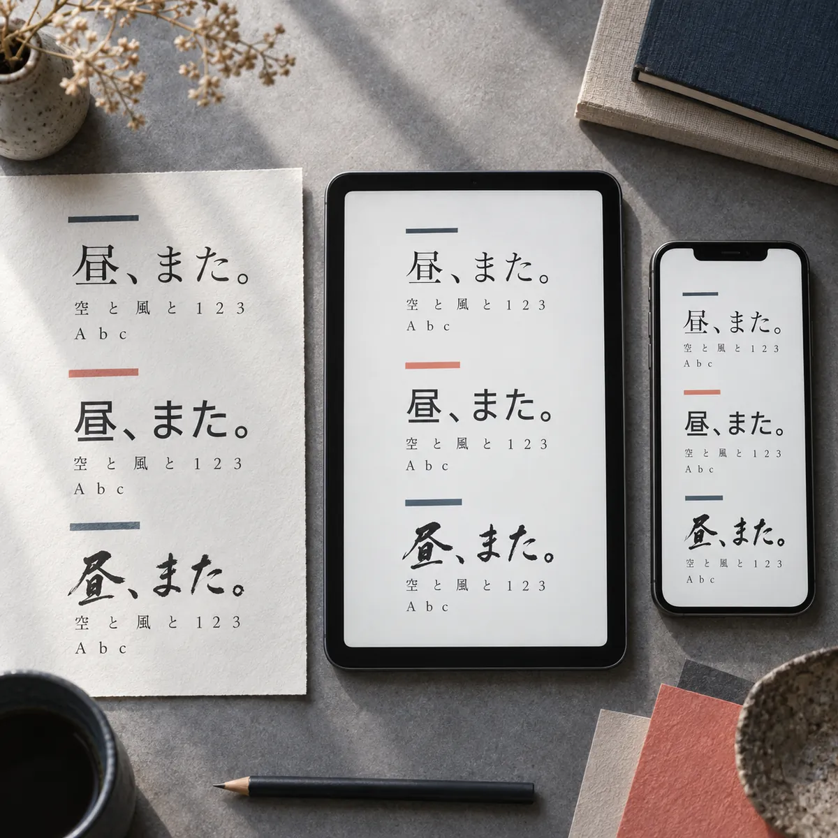同じ日本語の短文を紙、タブレット、スマートフォンで異なる書体にして比較する文字試し打ちの確認例