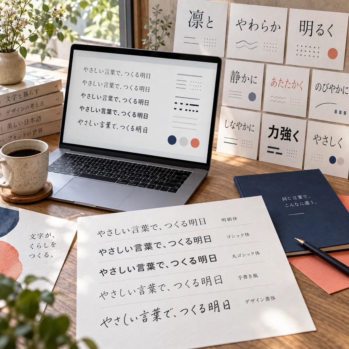 同じ日本語の入力文をノートパソコンと紙のフォント見本で比較する文字試し打ちのイメージ