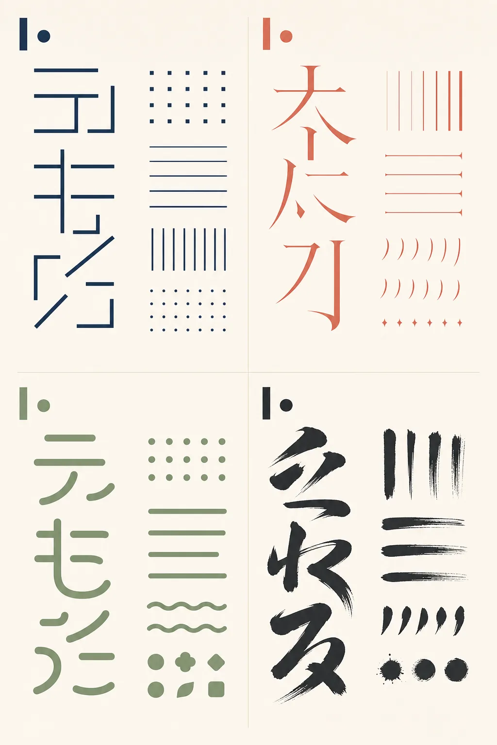 ゴシック体、明朝体、丸みのある書体、筆文字を用途別に比較する編集図