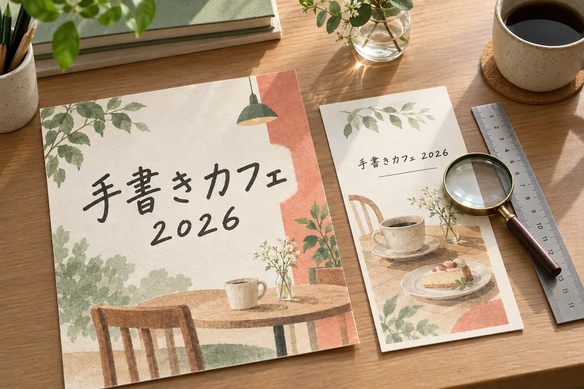 同じ手書き風の日本語を大きな見出しと小さなメニュー本文で比べ、定規と虫眼鏡で読めるサイズを確かめる紙の見本
