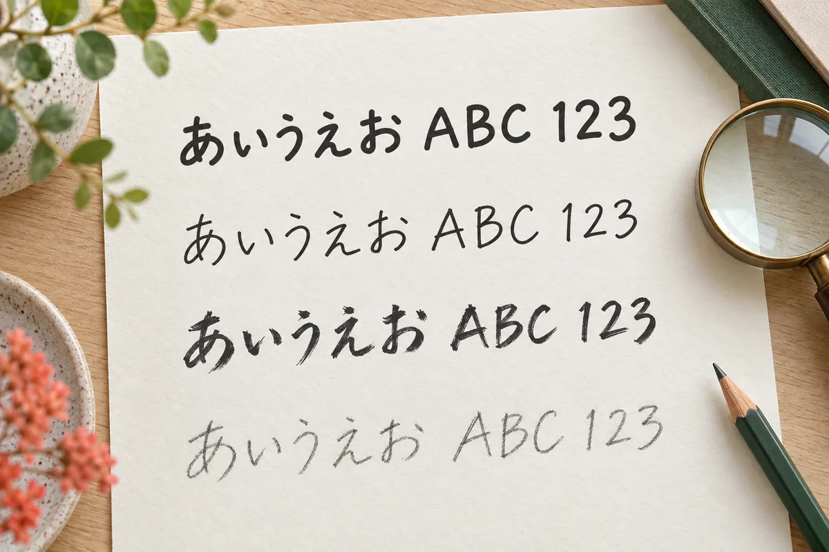 同じ日本語の文字を丸いペン字、整った手書き風、筆文字、鉛筆風の四つの書体で比較する紙の見本