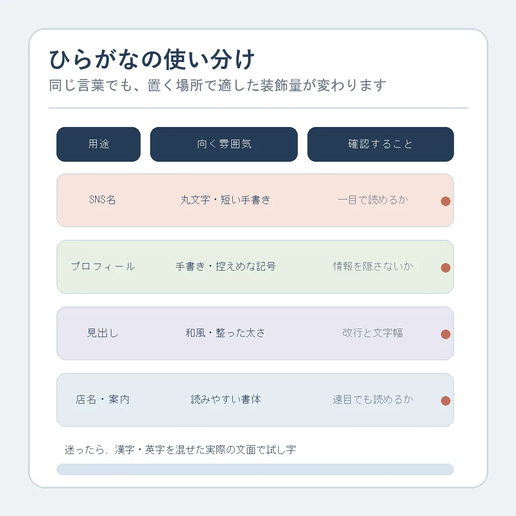 SNS名、プロフィール、見出し、店名・案内ごとにひらがなの向く雰囲気と確認点を比較する図