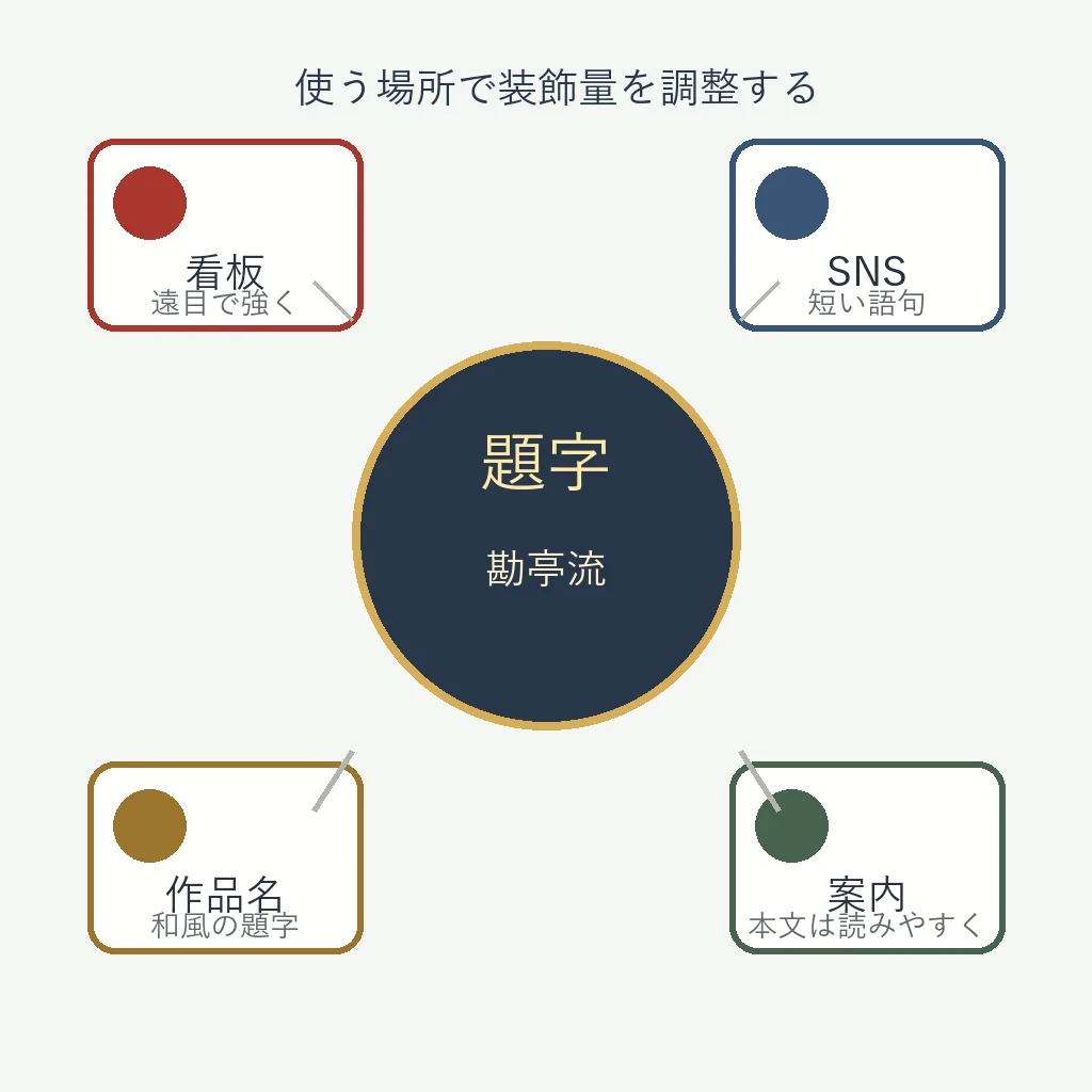 勘亭流を看板、SNS、作品名、案内で使い分ける方法を示す図